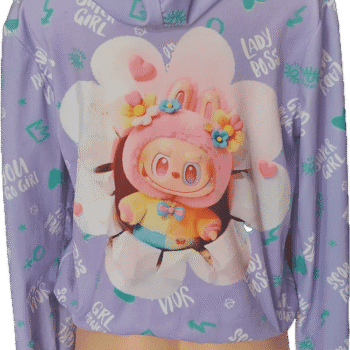 💜 Bluza dziewczęca Labubu z kapturem – welurowa, zapinana na zamek