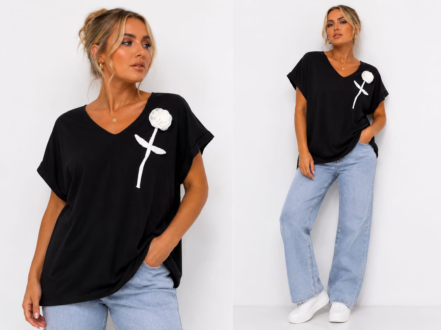 Bluzka damska oversize czarna z białą różą | Uniwersalny fason Plus Size