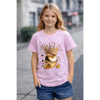 T-shirt dziewczęcy z krótkim rękawkiem – korona i serce, fuksja/jasny róż