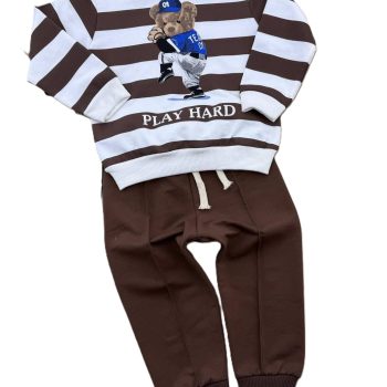 Brązowy dresik bawełniany dla chłopca 2–5 lat – spodnie + bluza z misiem