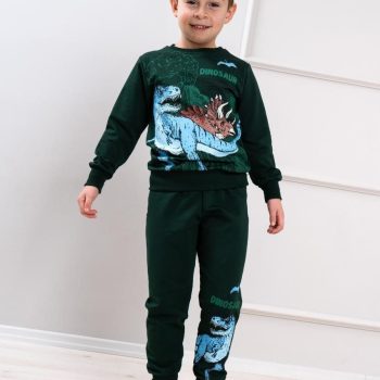 Zielony dres chłopięcy z dinozaurami – bluza i spodnie