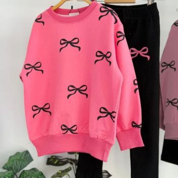 Komplet dla dziewczynki: bluzka z kokardkami + czarne prążkowane legginsy