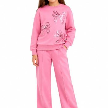 Dres Dziewczęcy Różowy Komplet Dresowy Bluza Spodnie Bawełniany