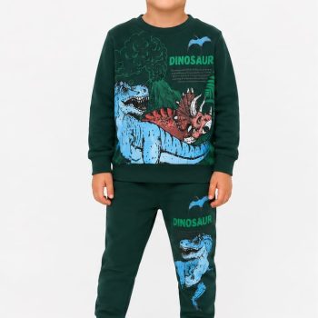 Zielony dres chłopięcy z dinozaurami – bluza i spodnie