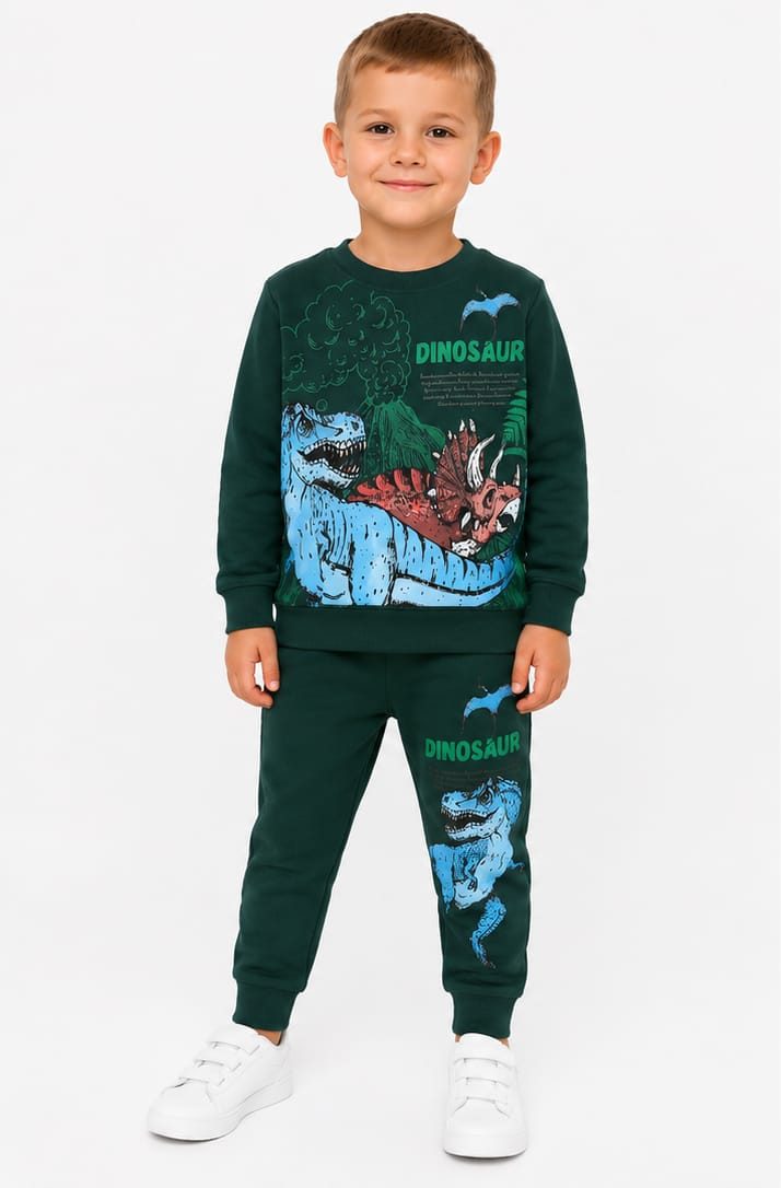 Zielony dres chłopięcy z dinozaurami – bluza i spodnie