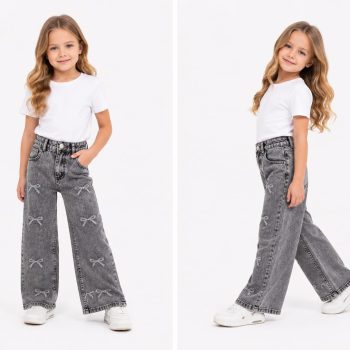 Jeansy dziecięce 100% bawełna z ozdobnymi kokardkami – efekt spranego denimu