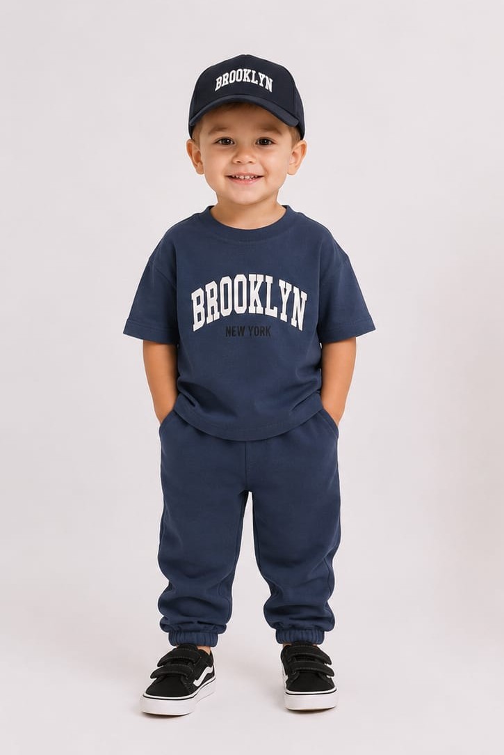 Komplet chłopięcy Brooklyn bawełniany koszulka spodnie czapka